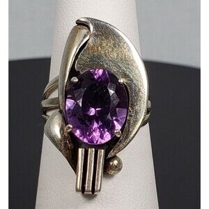Vintage Art Deco Mexican Sterling Silver Marked LX Oval Amethyst Gemstone Size 5